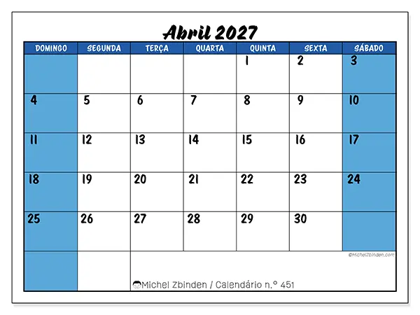 Calendário de abril de 2027 para imprimir - Organização dinâmica - Semana: de domingo a sábado