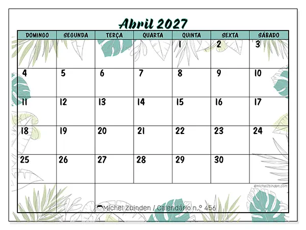 Calendário de abril de 2027 para imprimir - Natureza e jardim - Semana de domingo a sábado