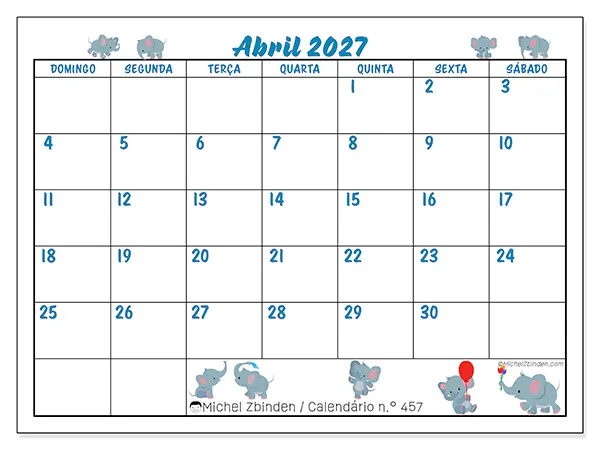 Calendário de abril de 2027 para imprimir - Pequenos elefantes - Semana de domingo a sábado