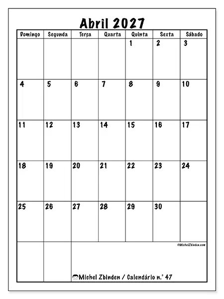 Calendário de abril de 2027 para imprimir - Planeamento eficiente - Semana: de domingo a sábado