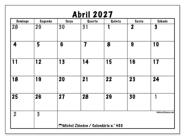 Calendário de abril de 2027 para imprimir - Planeamento completo - Semana: de domingo a sábado