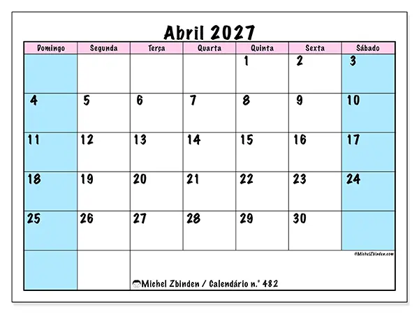 Calendário de abril de 2027 para imprimir - Horário de equipa - Semana: de domingo a sábado