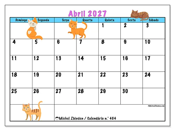 Calendário de abril de 2027 para imprimir - Amor pelos gatos - Semana de domingo a sábado