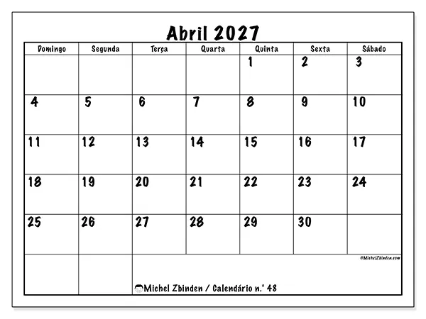 Calendário de abril de 2027 para imprimir - Eficiência diária - Semana: de domingo a sábado