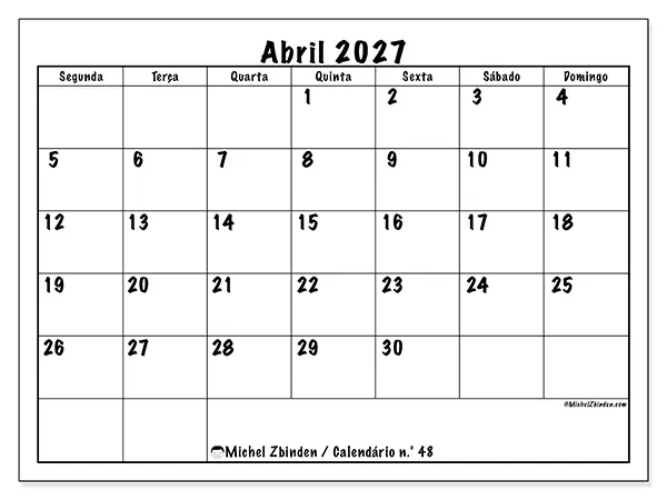 Calendário de abril de 2027 para imprimir - Eficiência diária