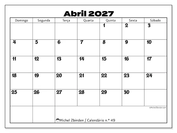 Calendário de abril de 2027 para imprimir - Coordenação produtiva - Semana de domingo a sábado