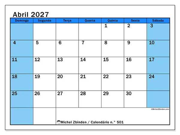 Calendário de abril de 2027 para imprimir - Estudos dinâmicos - Semana de domingo a sábado