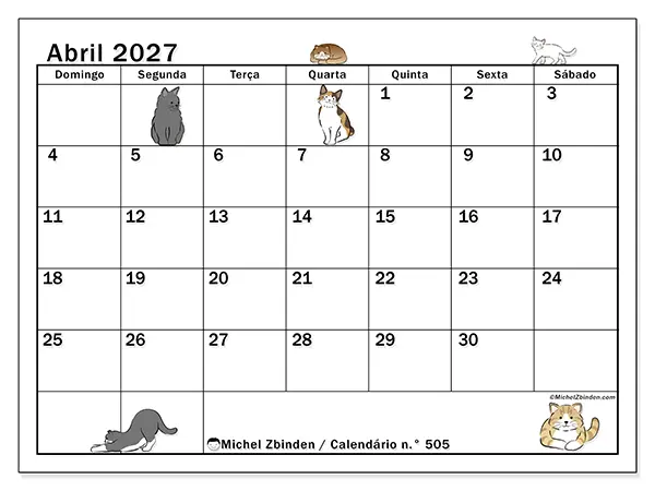 Calendário de abril de 2027 para imprimir - Vida de gato - Semana: de domingo a sábado