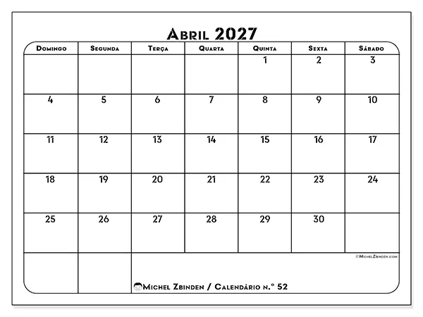 Calendário de abril de 2027 para imprimir - Organização profissional - Semana de domingo a sábado