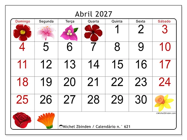 Calendário de abril de 2027 para imprimir - Flores grandes - Semana: de domingo a sábado