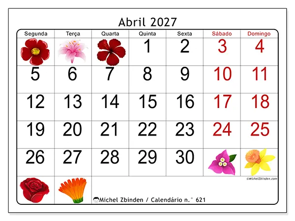Calendário de abril de 2027 para imprimir - Flores grandes
