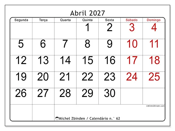 Calendário de abril de 2027 para imprimir - Leitura rápida