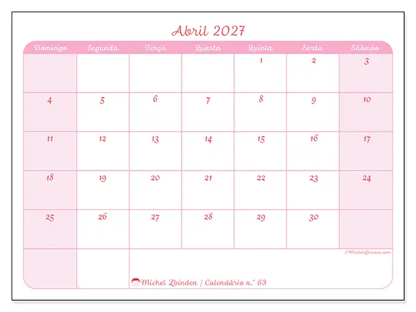 Calendário de abril de 2027 para imprimir - Organização suave - Semana: de domingo a sábado