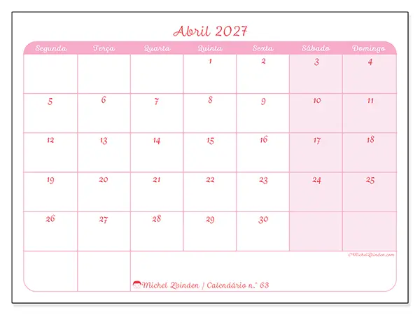 Calendário de abril de 2027 para imprimir - Organização suave
