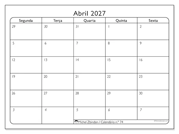 Calendário de abril de 2027 para imprimir - Organização do trabalho