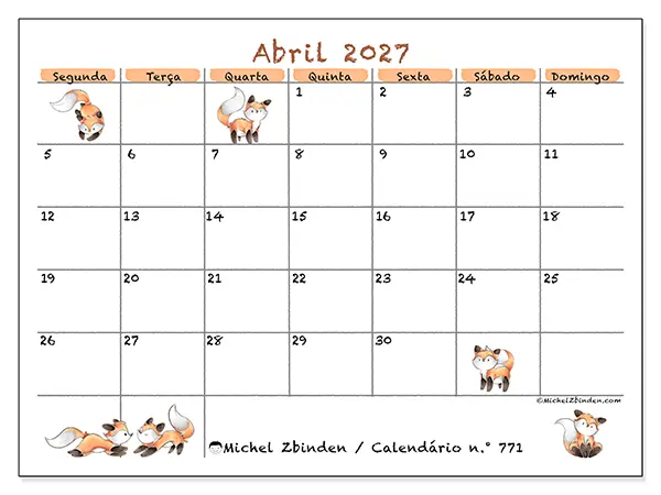 Calendário de abril de 2027 para imprimir - Desenhos de raposas