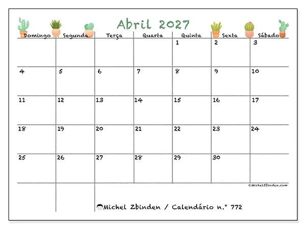 Calendário de abril de 2027 para imprimir - Cactos decorativos - Semana de domingo a sábado