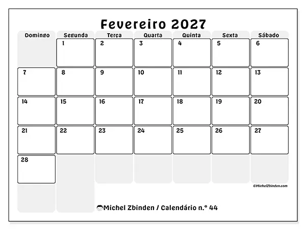 Calendário de fevereiro de 2027 para imprimir - Planeamento estruturado - Semana: de domingo a sábado
