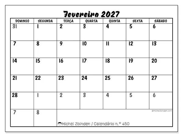 Calendário de fevereiro de 2027 para imprimir - Organização detalhada - Semana: de domingo a sábado