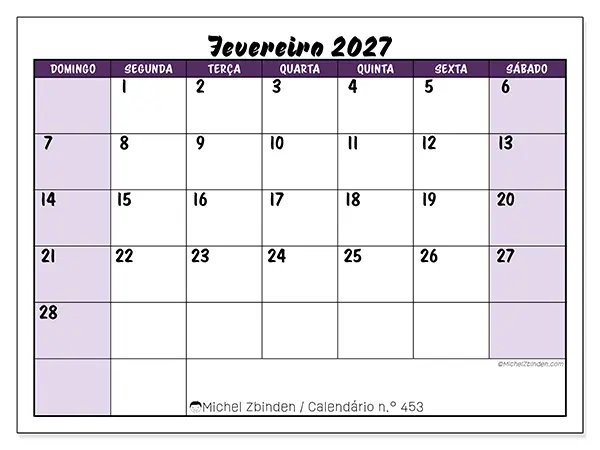 Calendário de fevereiro de 2027 para imprimir - Eficiência colorida - Semana: de domingo a sábado