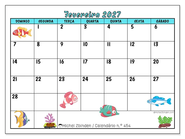Calendário de fevereiro de 2027 para imprimir - Peixes coloridos - Semana: de domingo a sábado