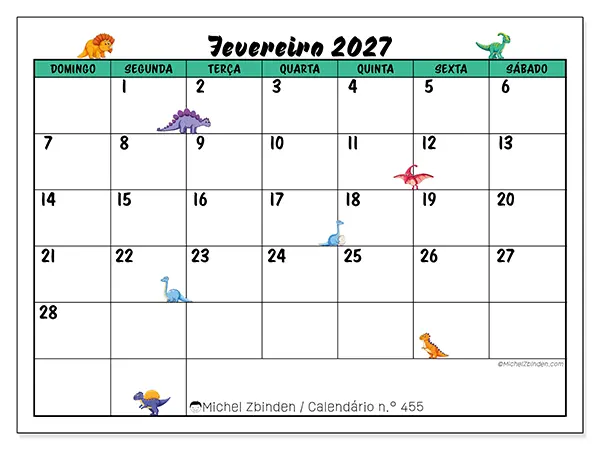 Calendário de fevereiro de 2027 para imprimir - Pequenos dinossauros - Semana: de domingo a sábado