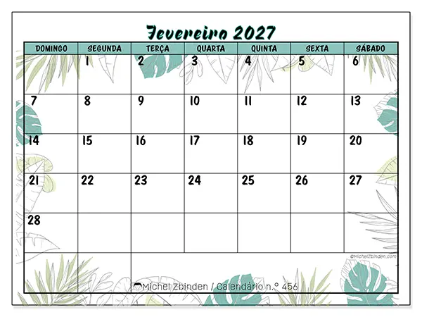 Calendário de fevereiro de 2027 para imprimir - Natureza e jardim - Semana: de domingo a sábado