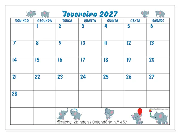 Calendário de fevereiro de 2027 para imprimir - Pequenos elefantes - Semana: de domingo a sábado