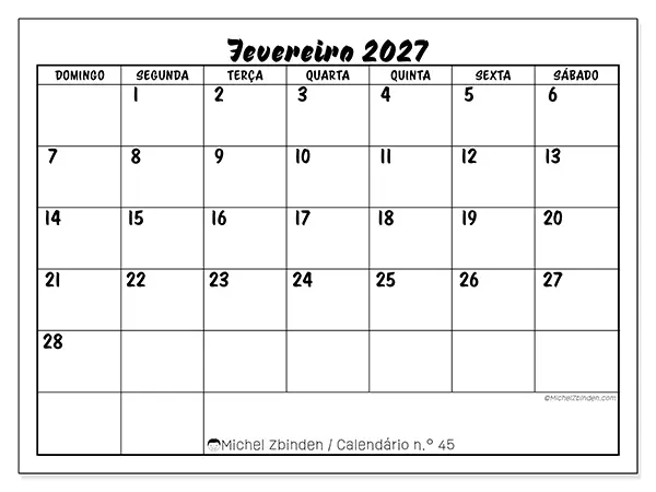 Calendário de fevereiro de 2027 para imprimir - Sucesso escolar - Semana: de domingo a sábado