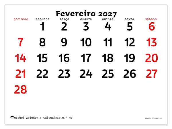 Calendário de fevereiro de 2027 para imprimir - Visão clara - Semana: de domingo a sábado