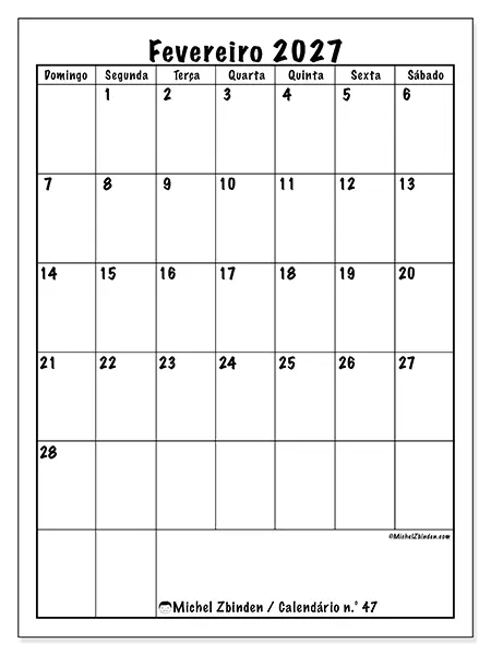 Calendário de fevereiro de 2027 para imprimir - Planeamento eficiente - Semana: de domingo a sábado