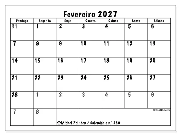 Calendário de fevereiro de 2027 para imprimir - Planeamento completo - Semana: de domingo a sábado