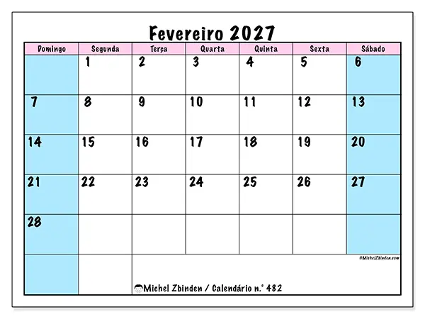 Calendário de fevereiro de 2027 para imprimir - Horário de equipa - Semana: de domingo a sábado