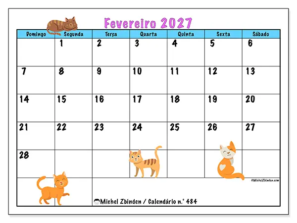 Calendário de fevereiro de 2027 para imprimir - Amor pelos gatos - Semana: de domingo a sábado