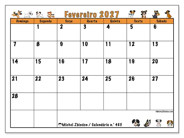 Calendário de fevereiro de 2027 para imprimir - Cães entusiasmados - Semana: de domingo a sábado