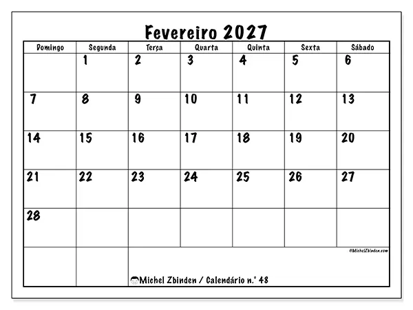 Calendário de fevereiro de 2027 para imprimir - Eficiência diária - Semana: de domingo a sábado