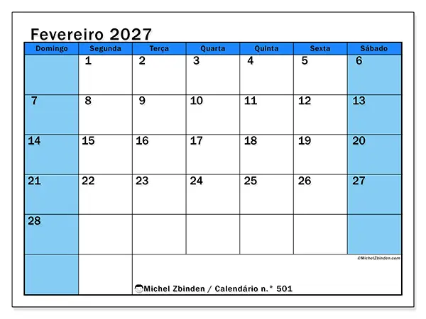 Calendário de fevereiro de 2027 para imprimir - Estudos dinâmicos - Semana: de domingo a sábado