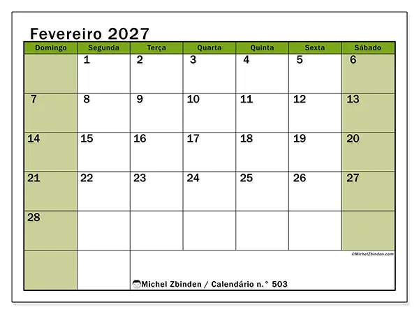 Calendário de fevereiro de 2027 para imprimir - Organização viva - Semana: de domingo a sábado