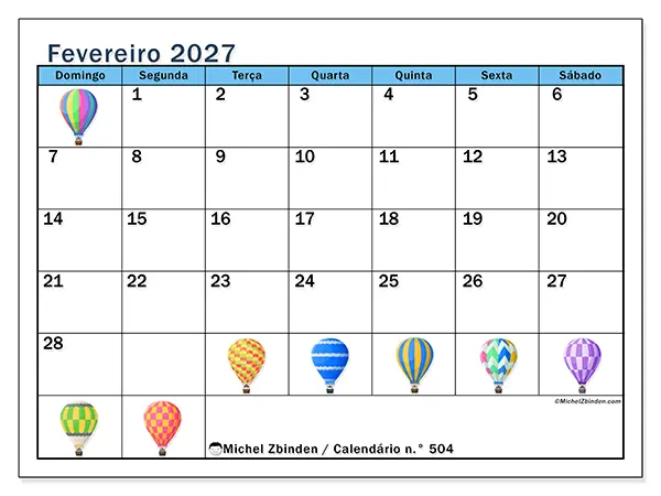 Calendário de fevereiro de 2027 para imprimir - Balões de ar quente - Semana: de domingo a sábado