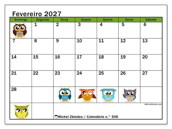 Calendário de fevereiro de 2027 para imprimir - Corujas divertidas - Semana: de domingo a sábado