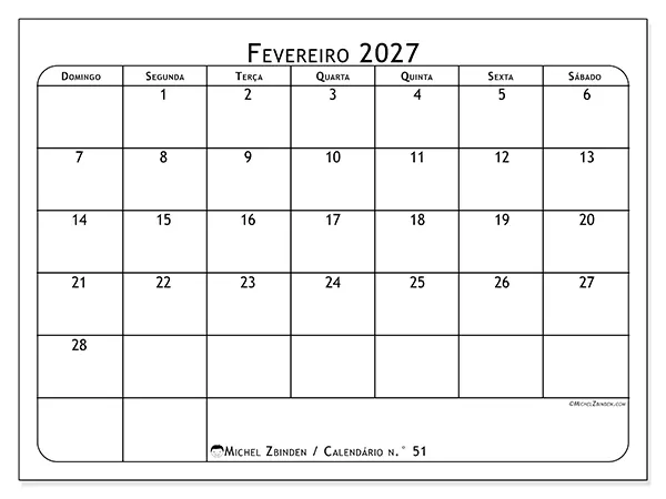 Calendário de fevereiro de 2027 para imprimir - Planeador de refeições - Semana: de domingo a sábado