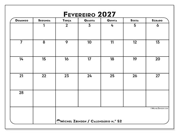 Calendário de fevereiro de 2027 para imprimir - Organização profissional - Semana: de domingo a sábado