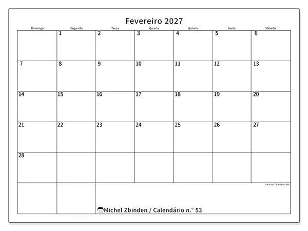 Calendário de fevereiro de 2027 para imprimir - Horário eficiente - Semana: de domingo a sábado