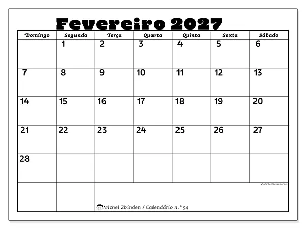 Calendário de fevereiro de 2027 para imprimir - Atividades em família - Semana: de domingo a sábado