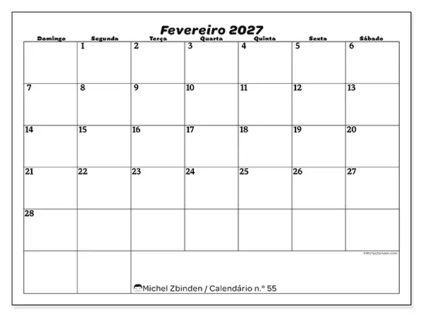 Calendário de fevereiro de 2027 para imprimir - Organização do lazer - Semana: de domingo a sábado