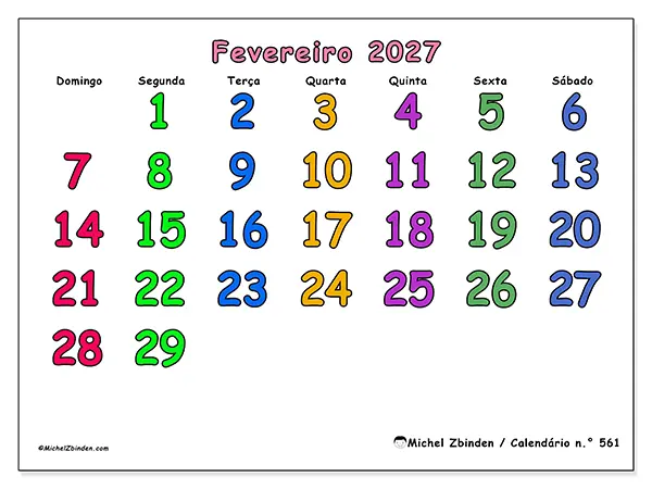 Calendário de fevereiro de 2027 para imprimir - Momentos criativos - Semana: de domingo a sábado