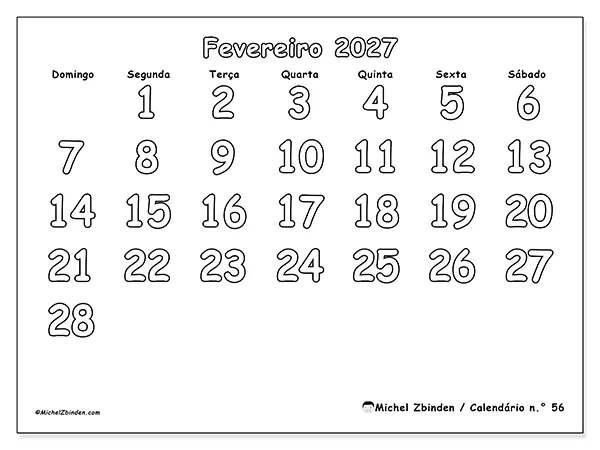 Calendário de fevereiro de 2027 para imprimir - Colorir útil - Semana: de domingo a sábado