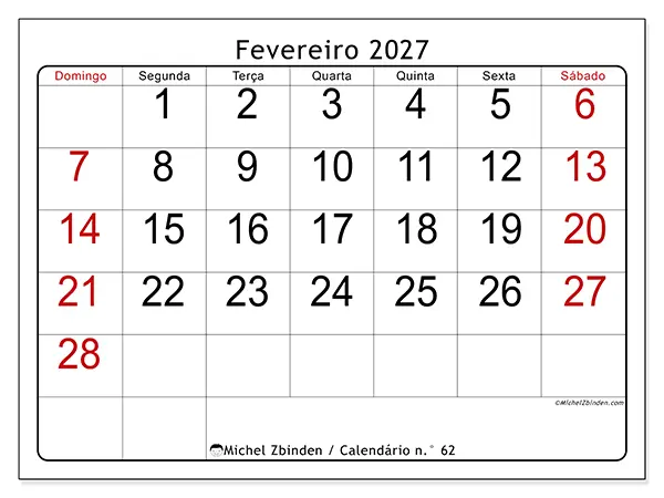 Calendário de fevereiro de 2027 para imprimir - Leitura rápida - Semana: de domingo a sábado