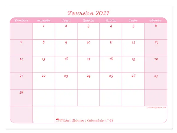 Calendário de fevereiro de 2027 para imprimir - Organização suave - Semana: de domingo a sábado