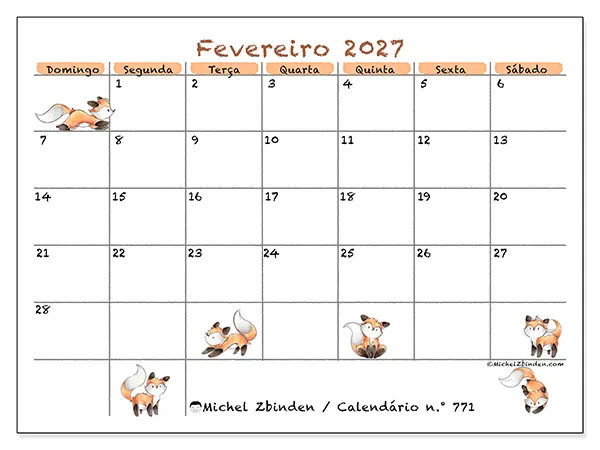 Calendário de fevereiro de 2027 para imprimir - Desenhos de raposas - Semana: de domingo a sábado